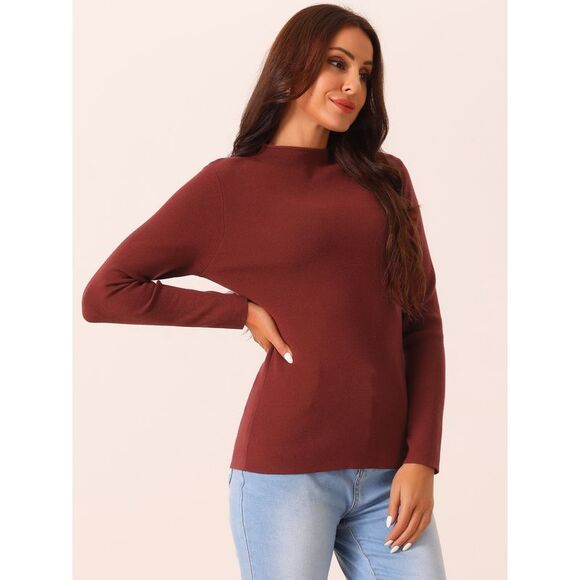 Fall Winter Long Sleeve Ribbed Knit Slim Fit Pullover Sweater Top Wine Red - Picture 2 of 5